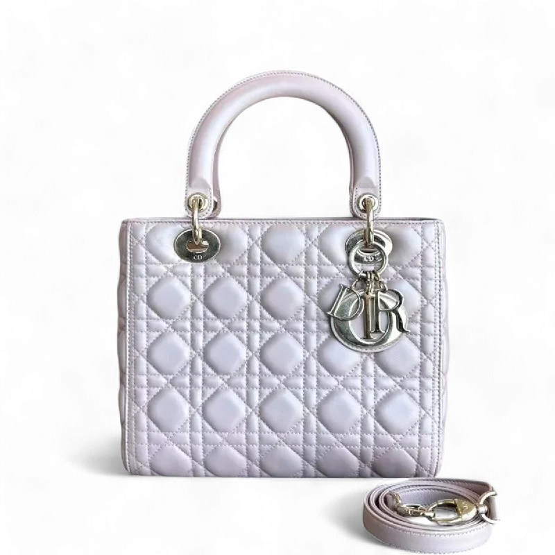 Luxury Christian Dior crossbody bags with a chain - link strapLady Medium Cannage Lambskin Iridescent Sakura Pink Golden Hardware