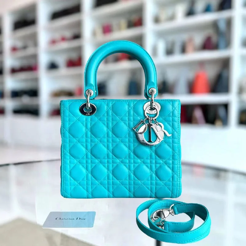 Christian Dior bags with a side - pocket for holding a water bottleLady Medium Cannage Lambskin Light Blue Silver Hardware