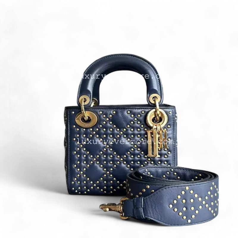 Christian Dior handbags with a removable shoulder strap for versatilityDior Lady Mini - Studded Calfskin Dark Blue Golden Hardware