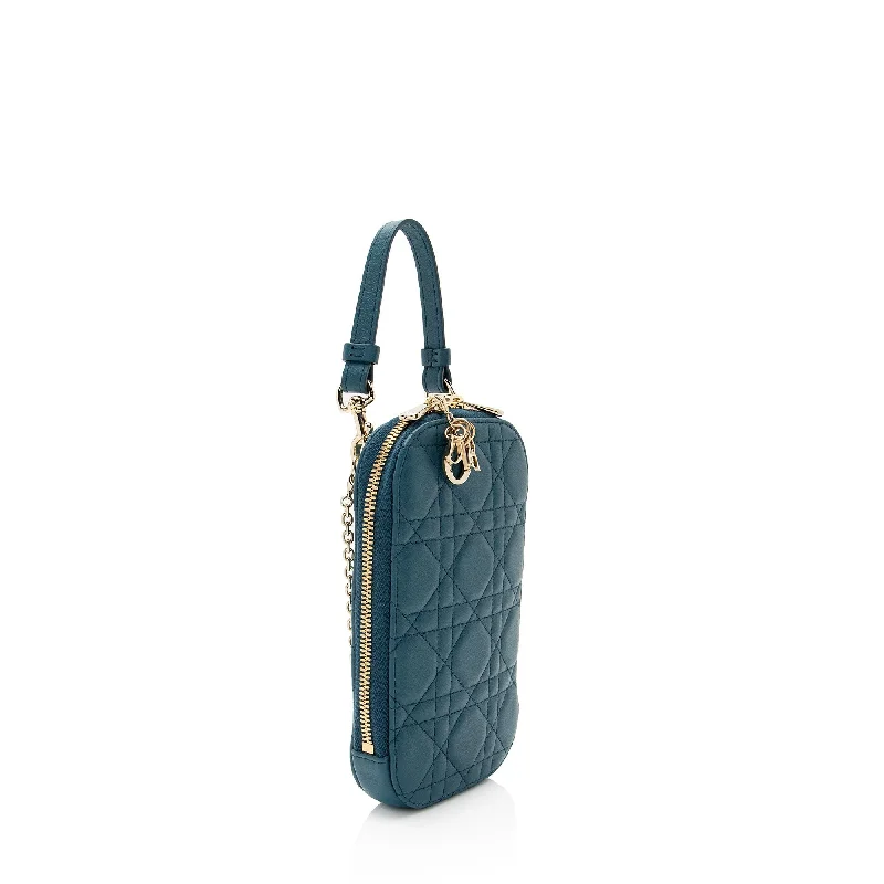 Christian Dior bags with a side - pocket for holding a water bottleDior Lambskin Cannage Lady Dior Phone Holder (5NZo4L)