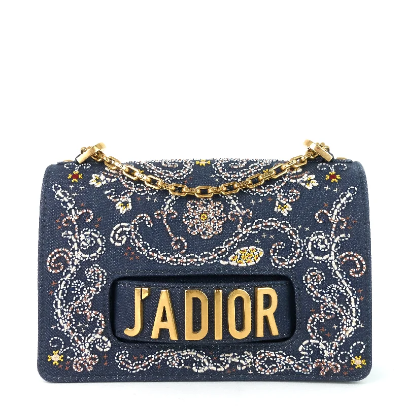 Christian Dior handbags with a removable shoulder strap for versatilityJ'Adior Medium Embroidered Denim Flap Bag