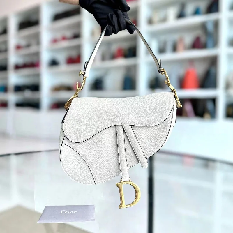 Christian Dior handbags with a snap - button closure and a decorative buckleSaddle Medium Grained Calfskin White Golden Hardware