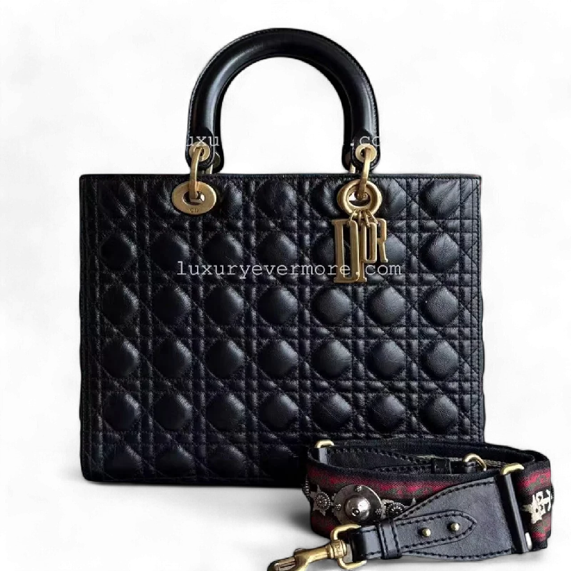 Contemporary Christian Dior handbags with a unique shape*Flap, Calfskin* Dior Lady Large - Cannage Calfskin Black Golden Hardware