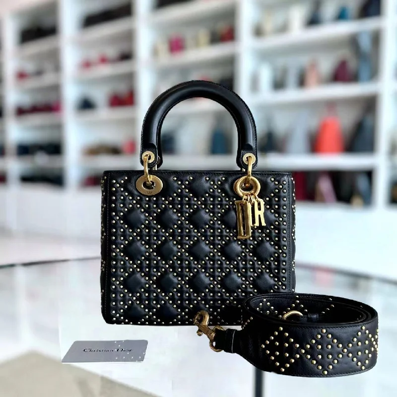 Christian Dior Saddle bags with a patent leather finish for a shiny look*Flap Version* Lady Medium Studded Cannage Lambskin Black Golden Hardware