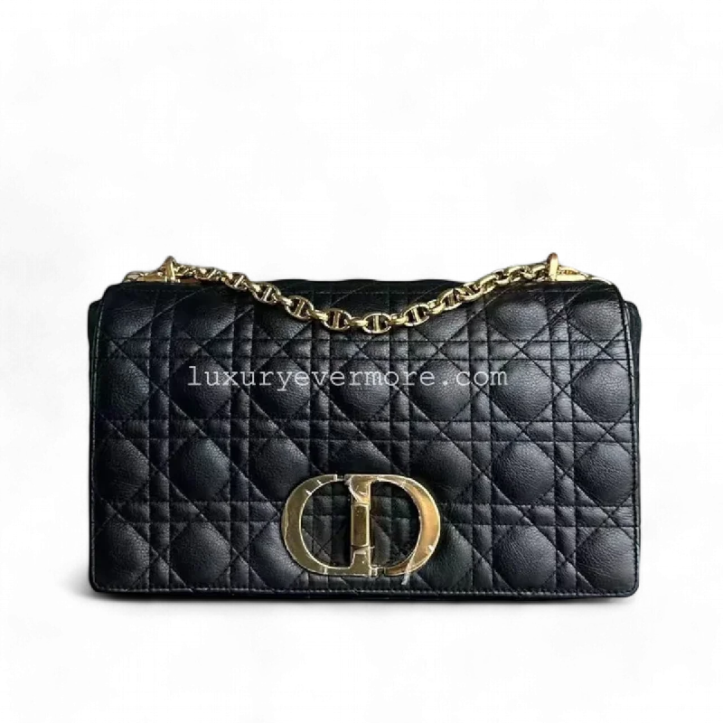 Christian Dior bags with a side - pocket for holding a water bottleDior Caro Large - Cannage Calfskin Black Golden Hardware