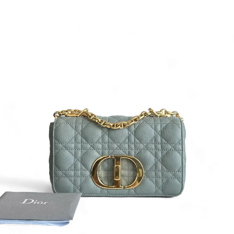 Christian Dior bags with a side - pocket for holding a water bottleDior Caro Small - Cannage Grained Calfskin Haze Blue Gold Hardware