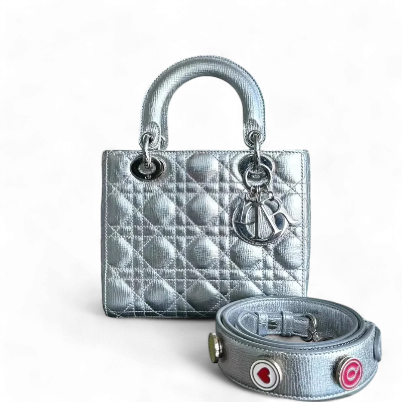 Christian Dior bags with a quilted pattern and gold - toned hardwareDior Lady Small - Metallic Calfskin Limited Edition Silver ABC Badge Charm SHW