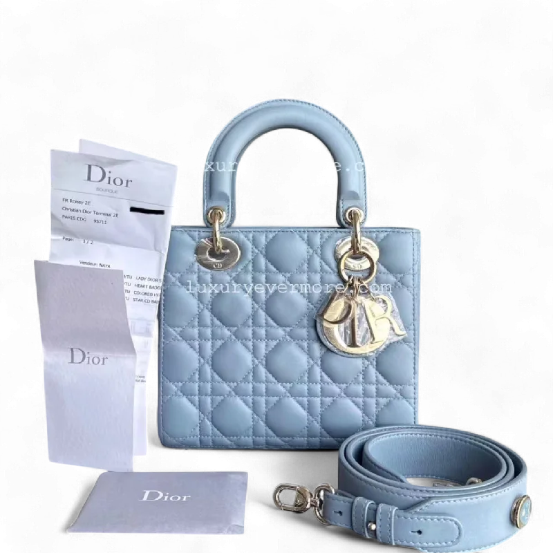 Christian Dior handbags with a snap - button closure and a decorative buckle*Full Set, Receipt* Lady Small Cannage Lambskin Light Blue Golden Hardware ABC MyABC