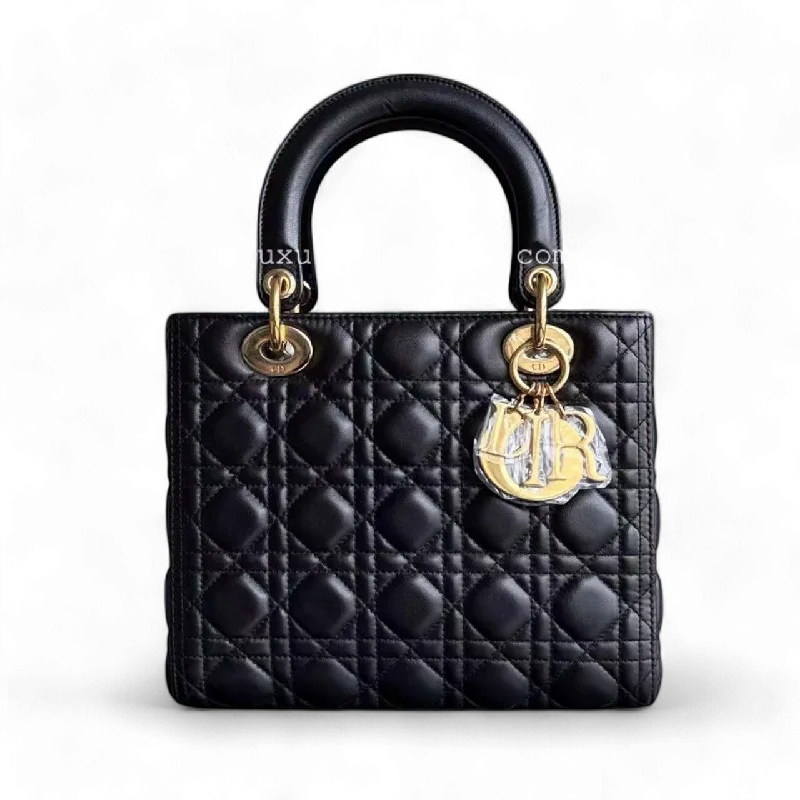 Christian Dior bags with a side - pocket for holding a water bottleDior Lady Medium Cannage Lambskin Black Golden Hardware