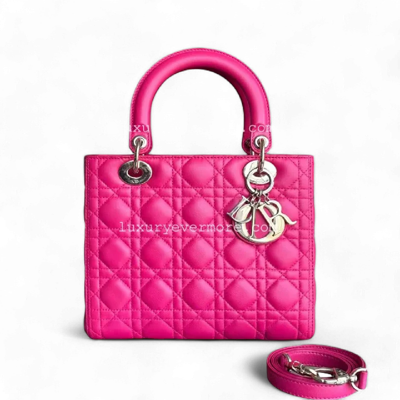 Christian Dior tote bags with a double - handle and shoulder - strap optionDior Lady Medium - Cannage Lambskin Hot Pink Golden Hardware