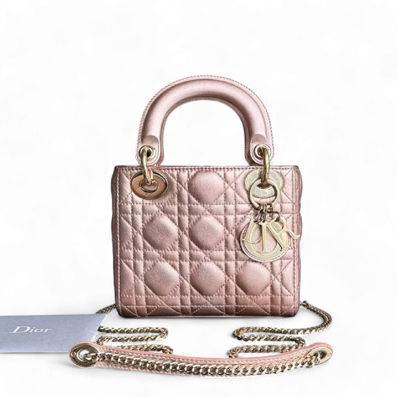 Christian Dior backpacks with a sleek, minimalist silhouetteLady Mini Cannage Lambskin Metallic Pink Golden Hardware