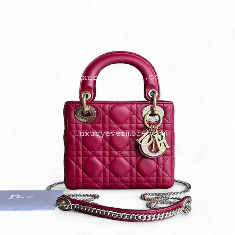 Christian Dior bags with a side - pocket for holding a water bottleDior Lady Mini - Cannage Lambskin Red Golden Hardware