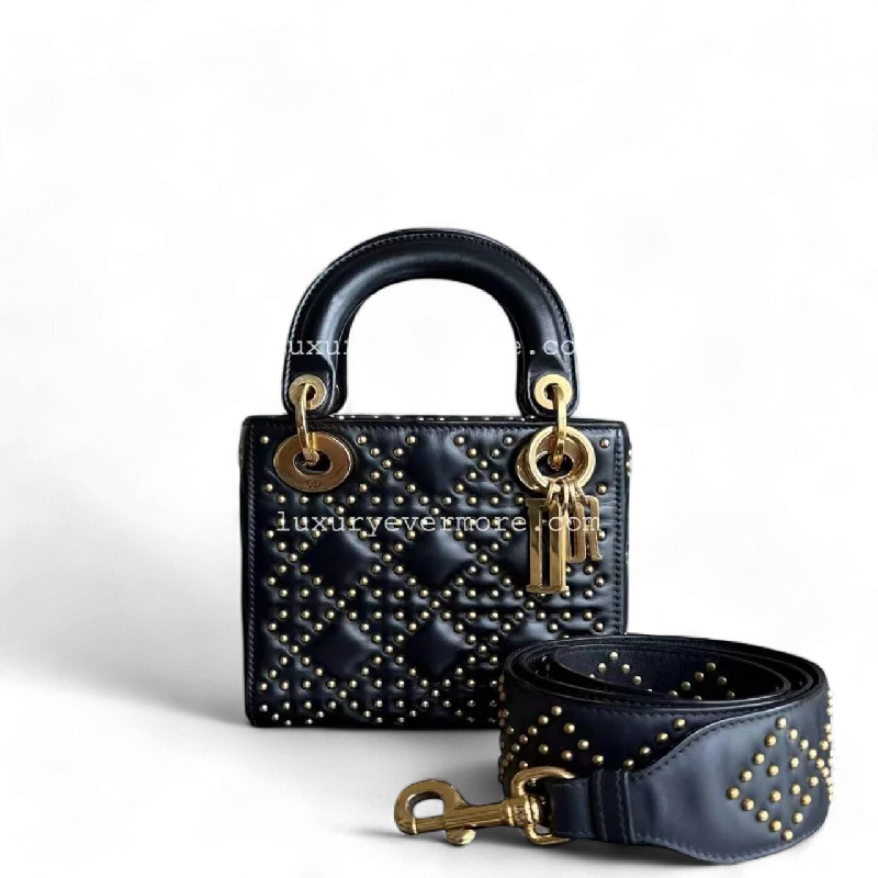 Christian Dior Saddle bags with a studded trim for a bold lookDior Lady Mini Quilted Studded Lambskin Black Golden Hardware